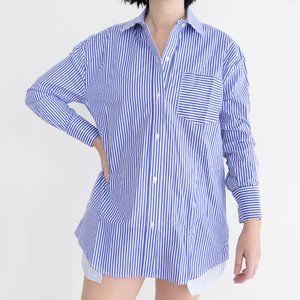 SEROYA Hefley White Blue Stripe Oversized Button Shirt Dress Coated Finish XS